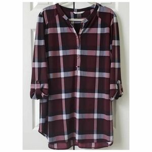 Nygard High-Low Henley Tunic – XL – Burgundy Plaid